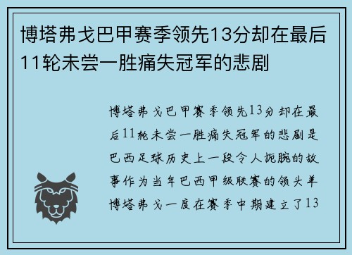 博塔弗戈巴甲赛季领先13分却在最后11轮未尝一胜痛失冠军的悲剧