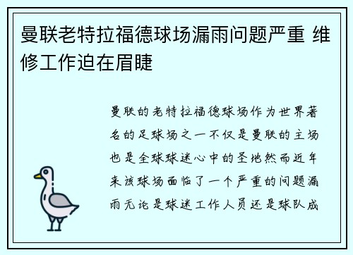 曼联老特拉福德球场漏雨问题严重 维修工作迫在眉睫